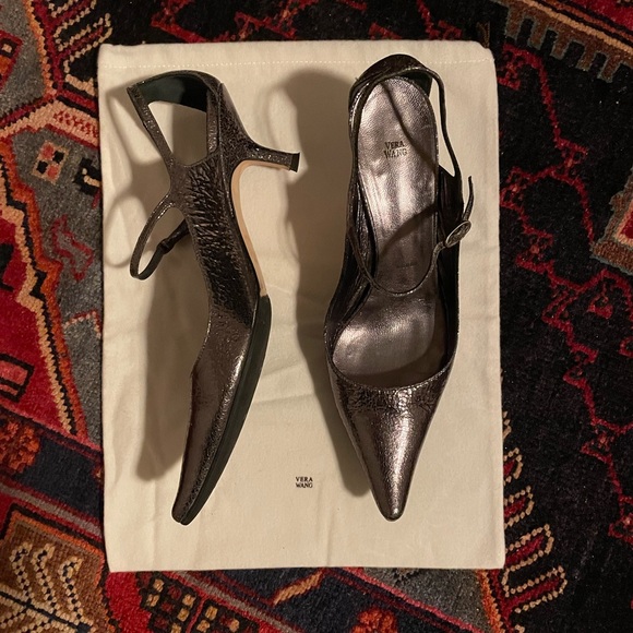 [39] VERA WANG Riky 50 Scarpa Silver Cracked Leather Kitten Heel - Picture 2 of 5
